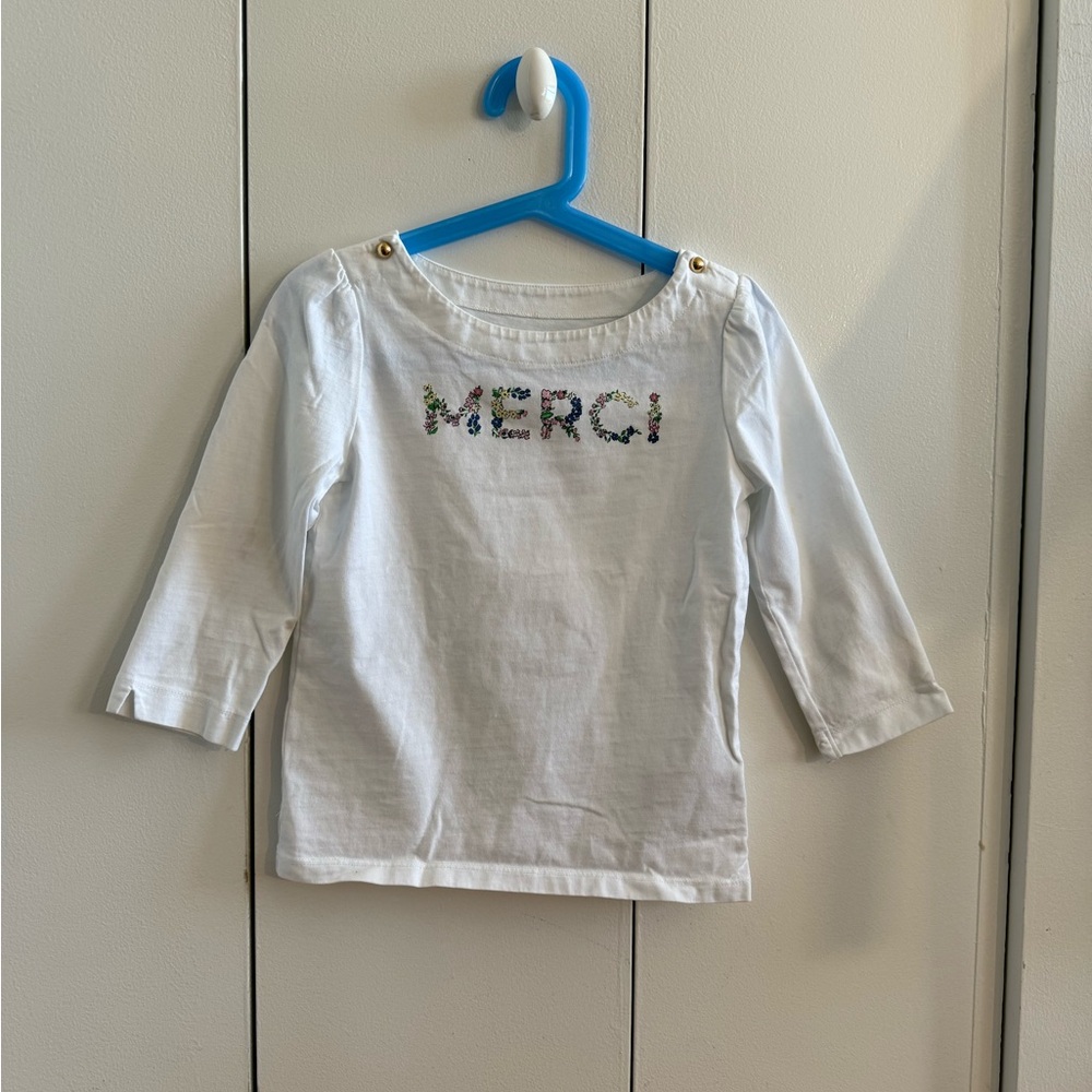 Janie and Jack cute girl teeshirt with “merci”text in flower pattern